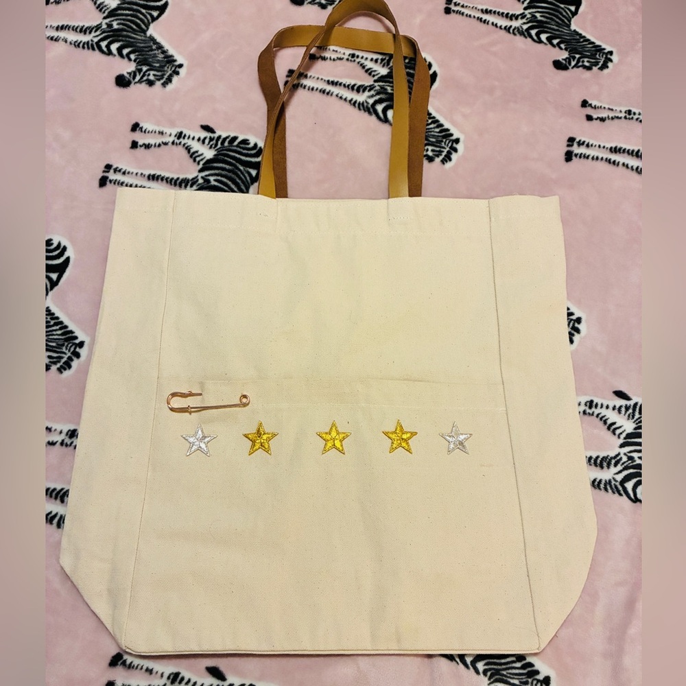 Stylish Cream Tote Bag with Gold and Silver Stars